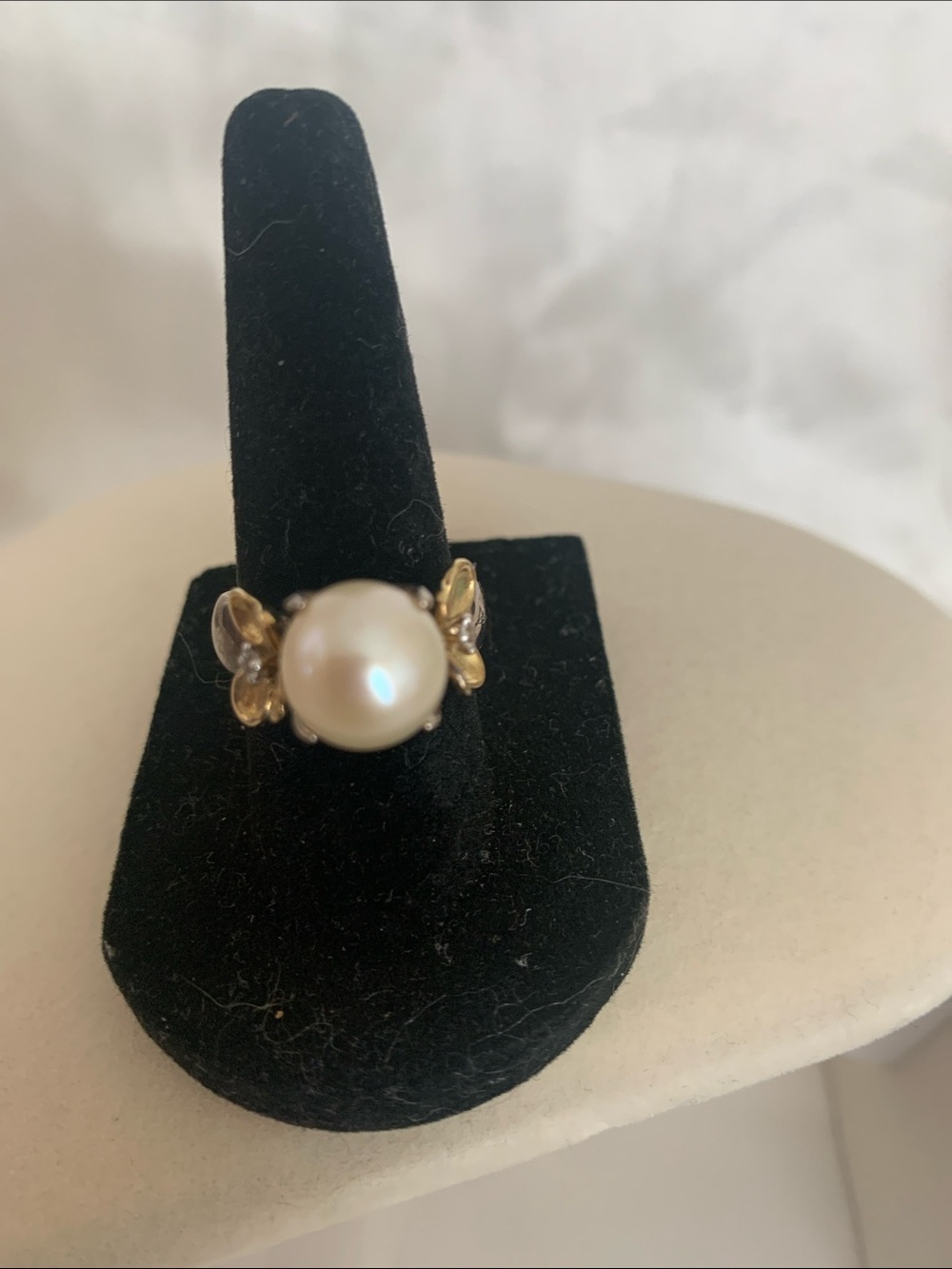 Ann King Classic 925 Stamp Pearl Cocktail Ring with Diamond wAccent